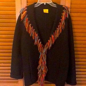 < EUC Ruby Red Black Fringed Wool Jacket - L
